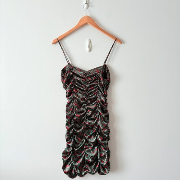 Urban Outfitters Iris Satin Ruched Mini Dress Black Red Rose Floral Size Medium - Picture 4 of 6